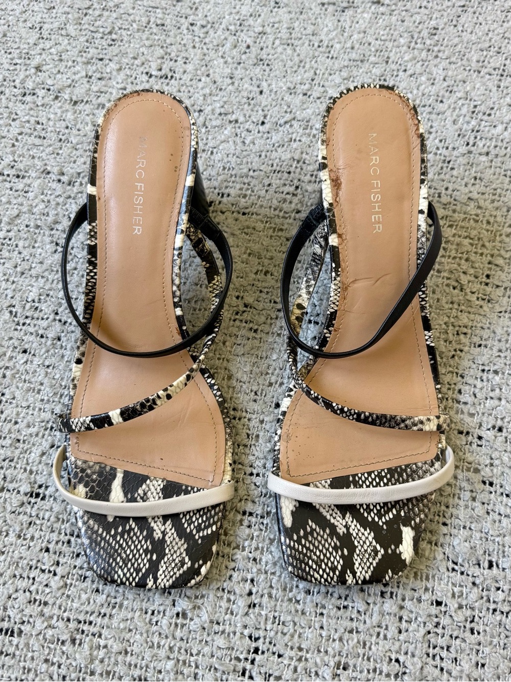 Marc Fisher Black & White Snake-Print Strappy Mule Sandal 8.5